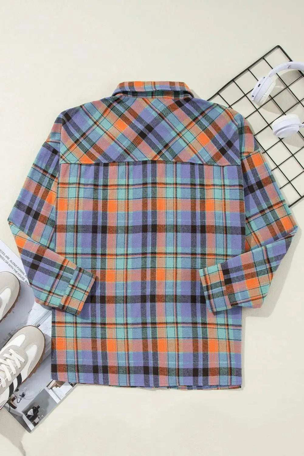 Plaid Collared Neck Long Sleeve Shirt - Trendsi - Flyclothing LLC