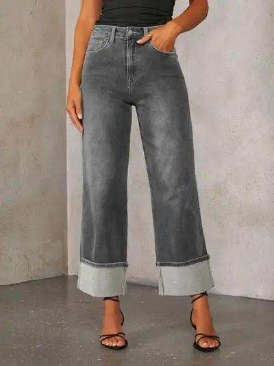 High Waisted Straight Leg Rolled Jeans - Trendsi - Flyclothing LLC