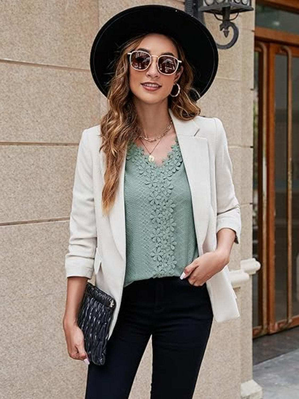 Lace Detail Eyelet V-Neck Flounce Sleeve Blouse - Trendsi - Flyclothing LLC