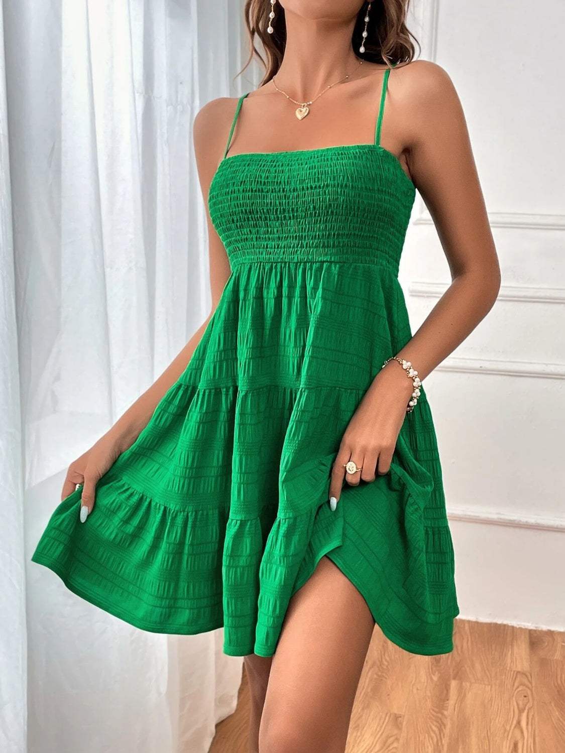 Smocked Tiered Sleeveless Mini Dress - Trendsi - Flyclothing LLC