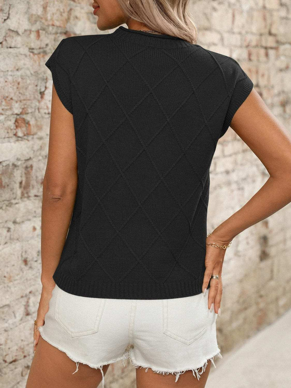 Round Neck Cap Sleeve Knit Top - Trendsi - Flyclothing LLC