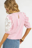 Umgee Striped Lace Puff Sleeve Blouse - Trendsi