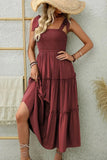 Smocked Tiered Midi Dress with Tie Straps - Trendsi