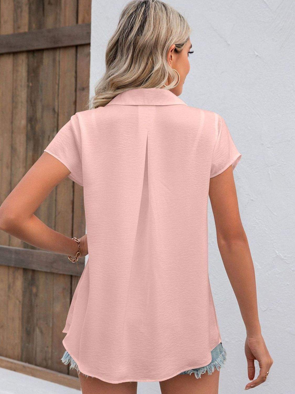 Button Up Collared Neck Short Sleeve Shirt - Trendsi - Flyclothing LLC