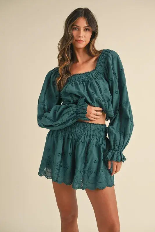 MABLE Embroidered Scalloped Lace Top and Short Set - Trendsi - Flyclothing LLC