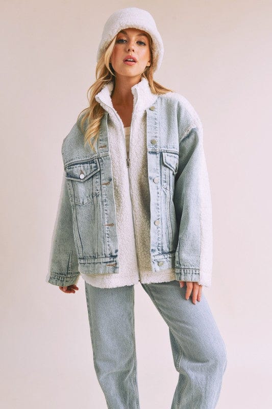 Aemi + Co Denim Washed Drop Shoulder Sherpa Fake Two Pieces Jacket - Trendsi