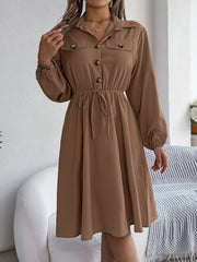 Collared Neck Long Sleeve Dress with Pockets - Trendsi