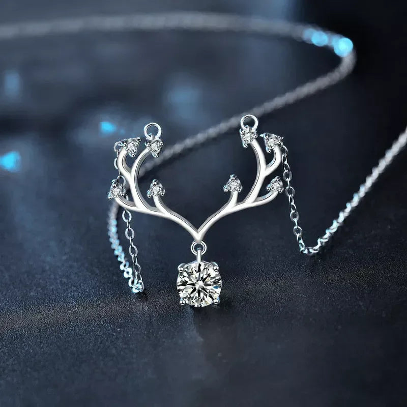 1 Carat Moissanite 925 Sterling Silver Deer Antler Pendant Necklace - Trendsi - Flyclothing LLC