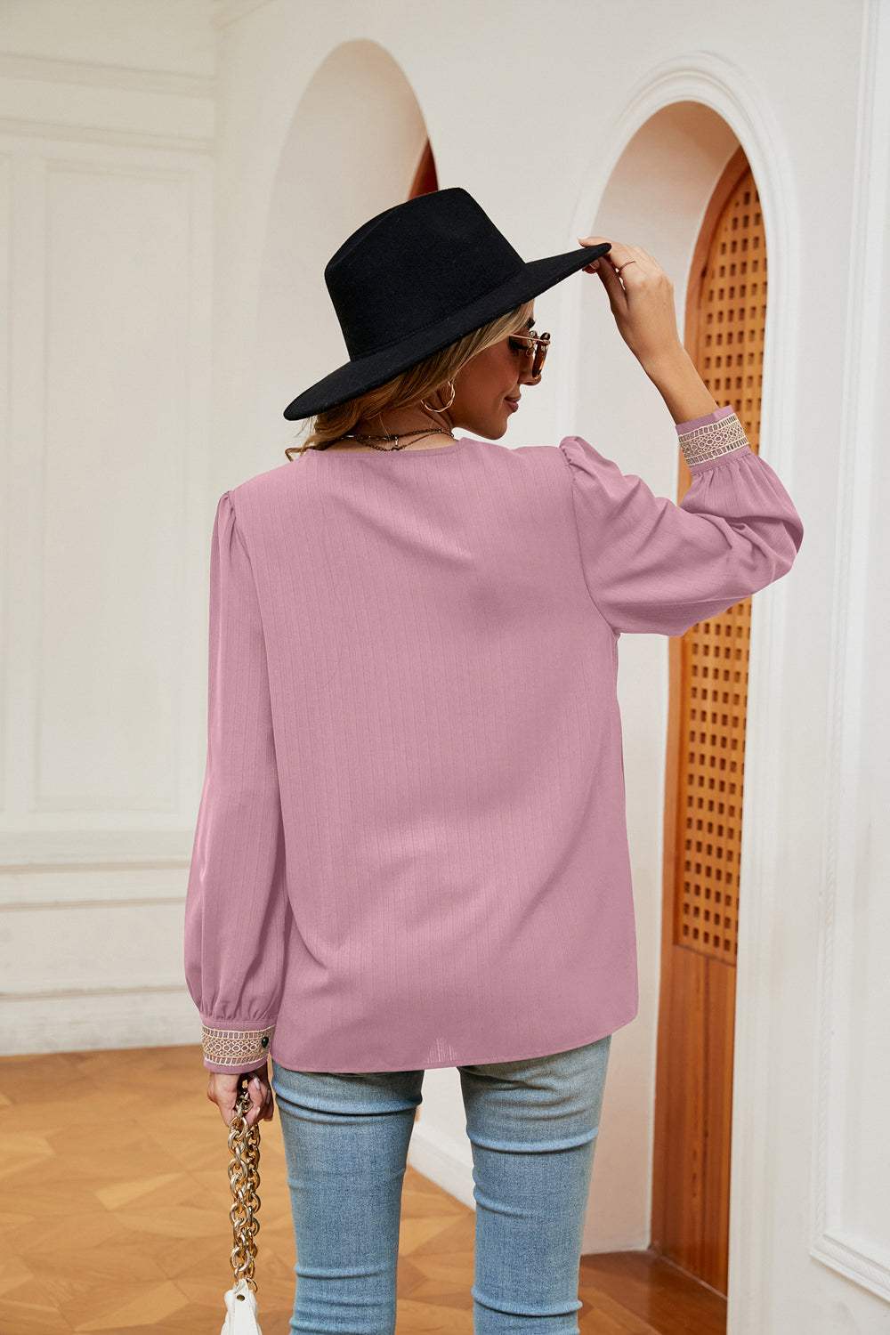 Contrast Puff Sleeve Blouse - Trendsi - Flyclothing LLC
