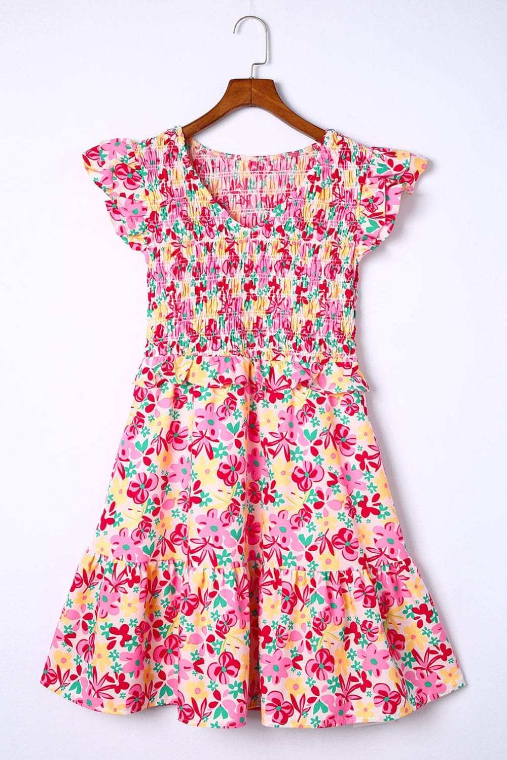 Smocked Floral V-Neck Ruffled Cap Sleeve Dress - Trendsi - Flyclothing LLC