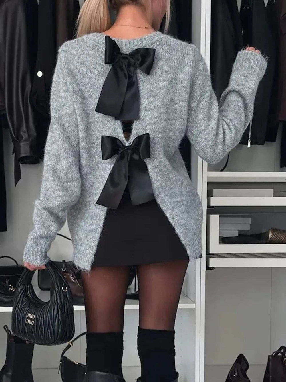 Bow Slit Back Round Neck Sweater - Trendsi - Flyclothing LLC