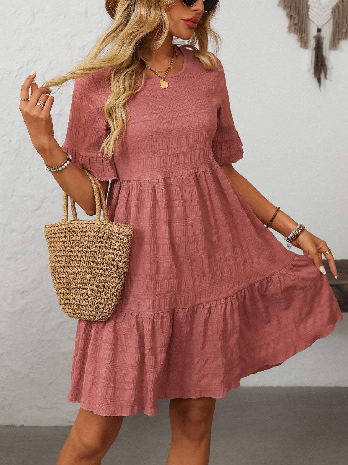 Mandy Ruffled Ruched Round Neck Half Sleeve Dress - Trendsi - Flyclothing LLC