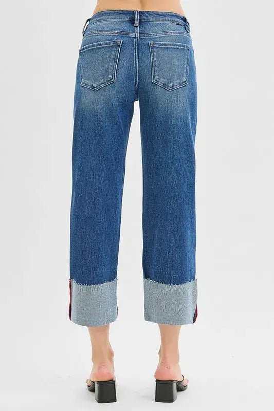 RISEN Full Size Tummy Control Mid Rise Crop Wide Cuffed Jeans Plus Size - Trendsi - Flyclothing LLC