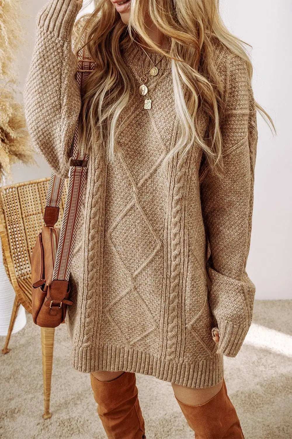 Cable-Knit Round Neck Sweater Dress - Trendsi - Flyclothing LLC