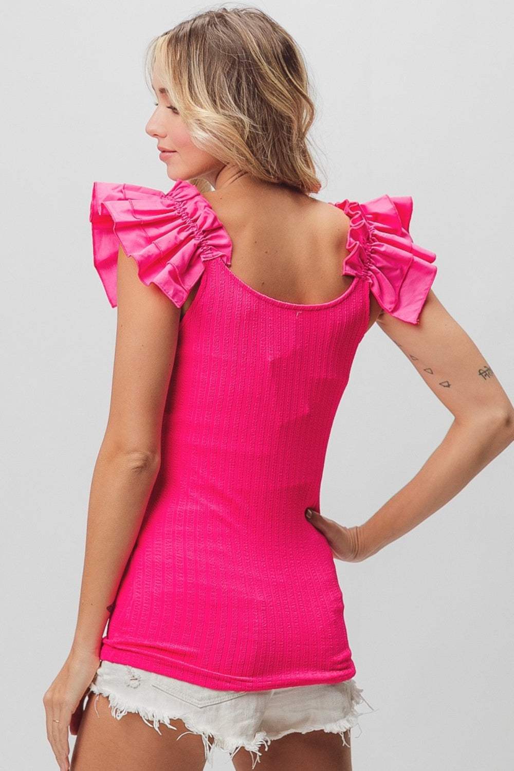 BiBi Ruffled Shoulder Strap Rib Texture Top - Trendsi - Flyclothing LLC