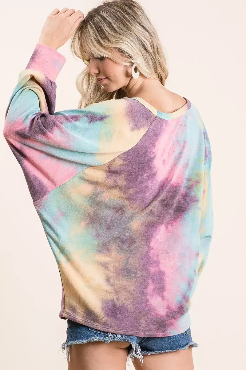 BiBi Tie Dye Terry Top With Dolman Sleeves - Trendsi - Flyclothing LLC
