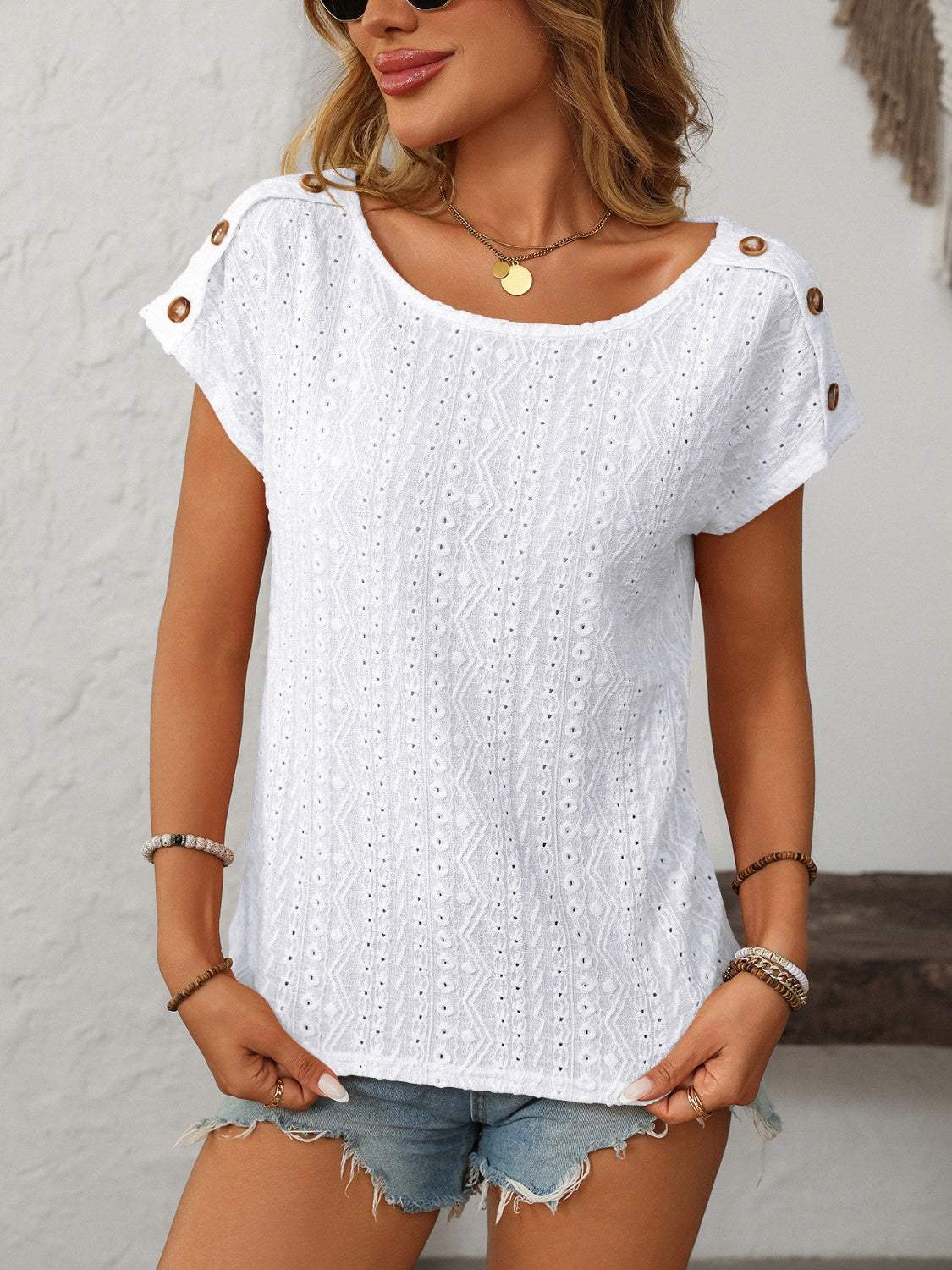 Mandy Eyelet Round Neck Short Sleeve Top - Trendsi - Flyclothing LLC