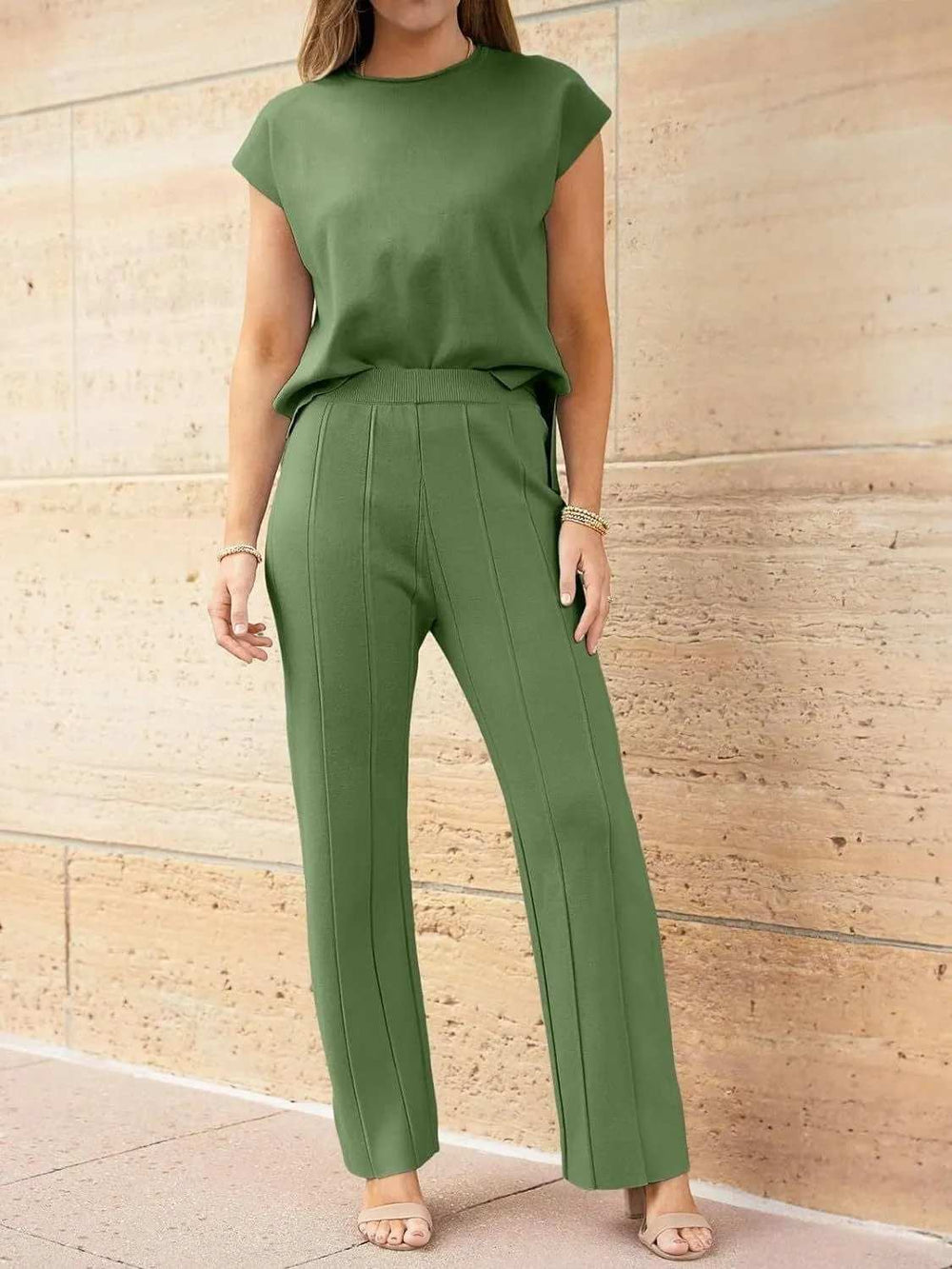 Round Neck Cap Sleeve Top and Pants Knit Set - Trendsi - Flyclothing LLC