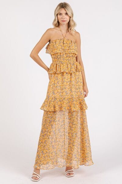 Mittoshop Ruffled Smocked Floral Halter Neck Maxi Dress - Trendsi