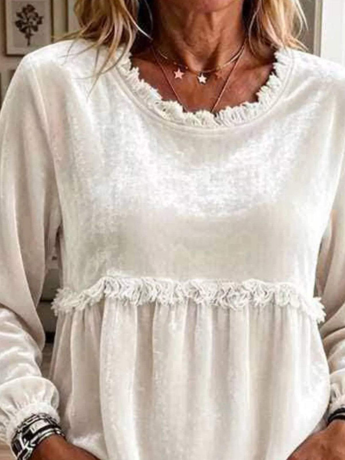 Fringed Hem Long Sleeve T-Shirt - Trendsi - Flyclothing LLC
