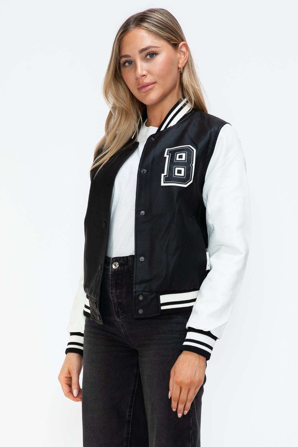 Love Me Now PU Leather Contrast Snap Down Bomber Jacket - Trendsi