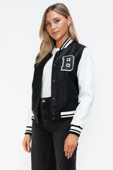Love Me Now PU Leather Contrast Snap Down Bomber Jacket - Trendsi