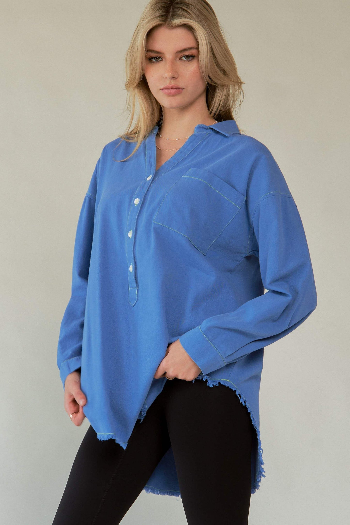 Davi & Dani Letter Back Raw Hem Half Button Shirt - Trendsi - Flyclothing LLC