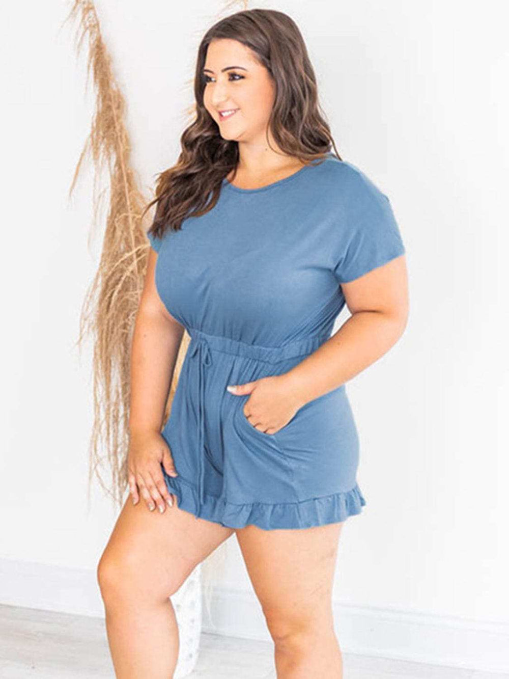 Ruffled Boat Neck Short Sleeve Romper - Trendsi - Flyclothing LLC