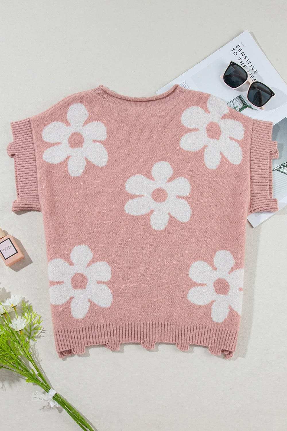 Pearl Trim Round Neck Short Sleeve Sweater - Trendsi - Flyclothing LLC