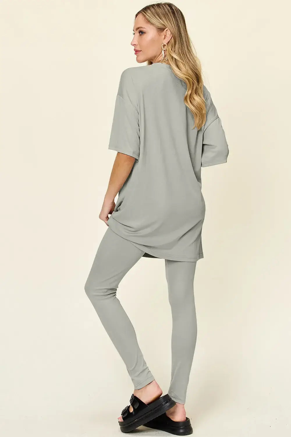 Double Take Full Size Round Neck Dropped Shoulder T-Shirt and Leggings Set - Trendsi - Flyclothing LLC