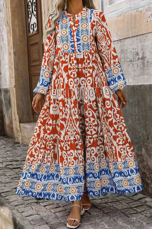 Printed Notched Long Sleeve Maxi Dress - Trendsi - Flyclothing LLC