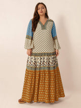 Plus Size Printed V-Neck Balloon Sleeve Maxi Dress - Trendsi - Flyclothing LLC