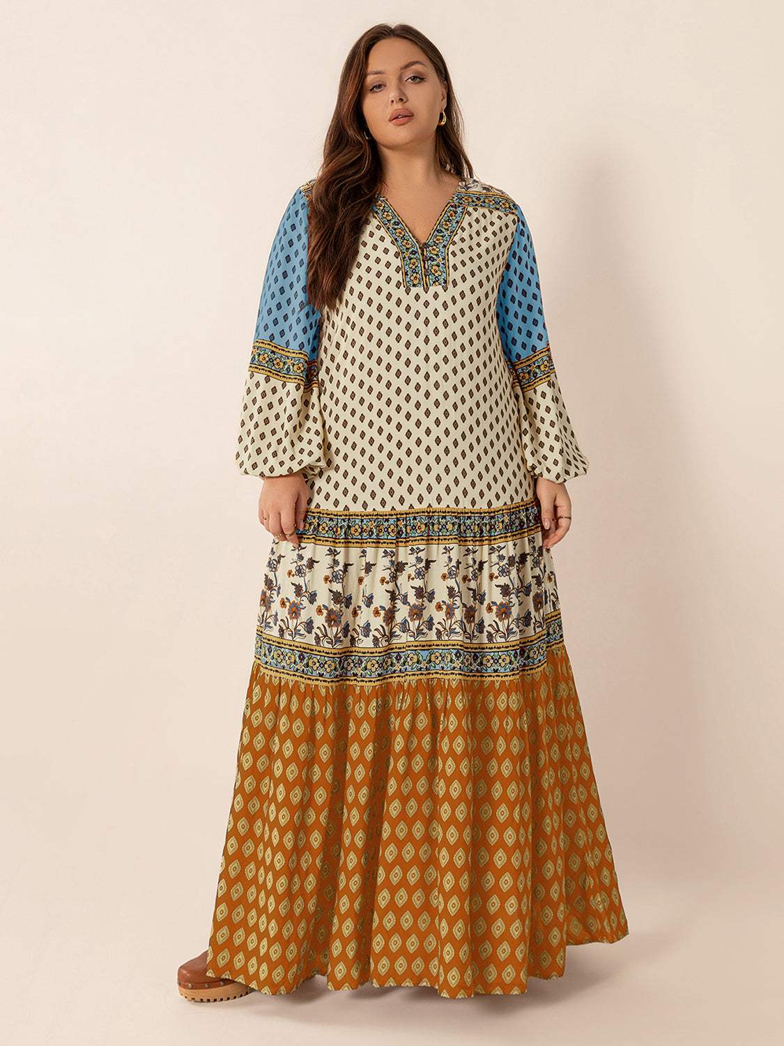 Plus Size Printed V-Neck Balloon Sleeve Maxi Dress - Trendsi - Flyclothing LLC
