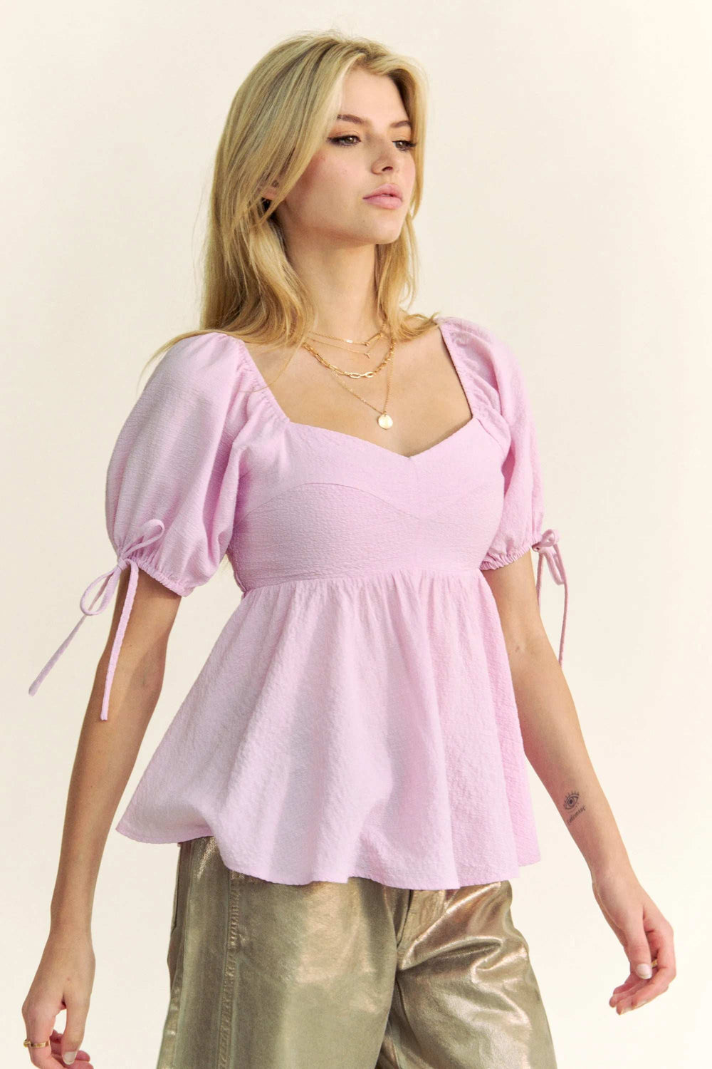 Davi & Dani Solid Elastic Peplum Puffed Sleeves Blouse - Trendsi - Flyclothing LLC