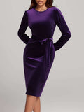 Round Neck Tie Waist Long Sleeve Velvet Dress - Trendsi - Flyclothing LLC