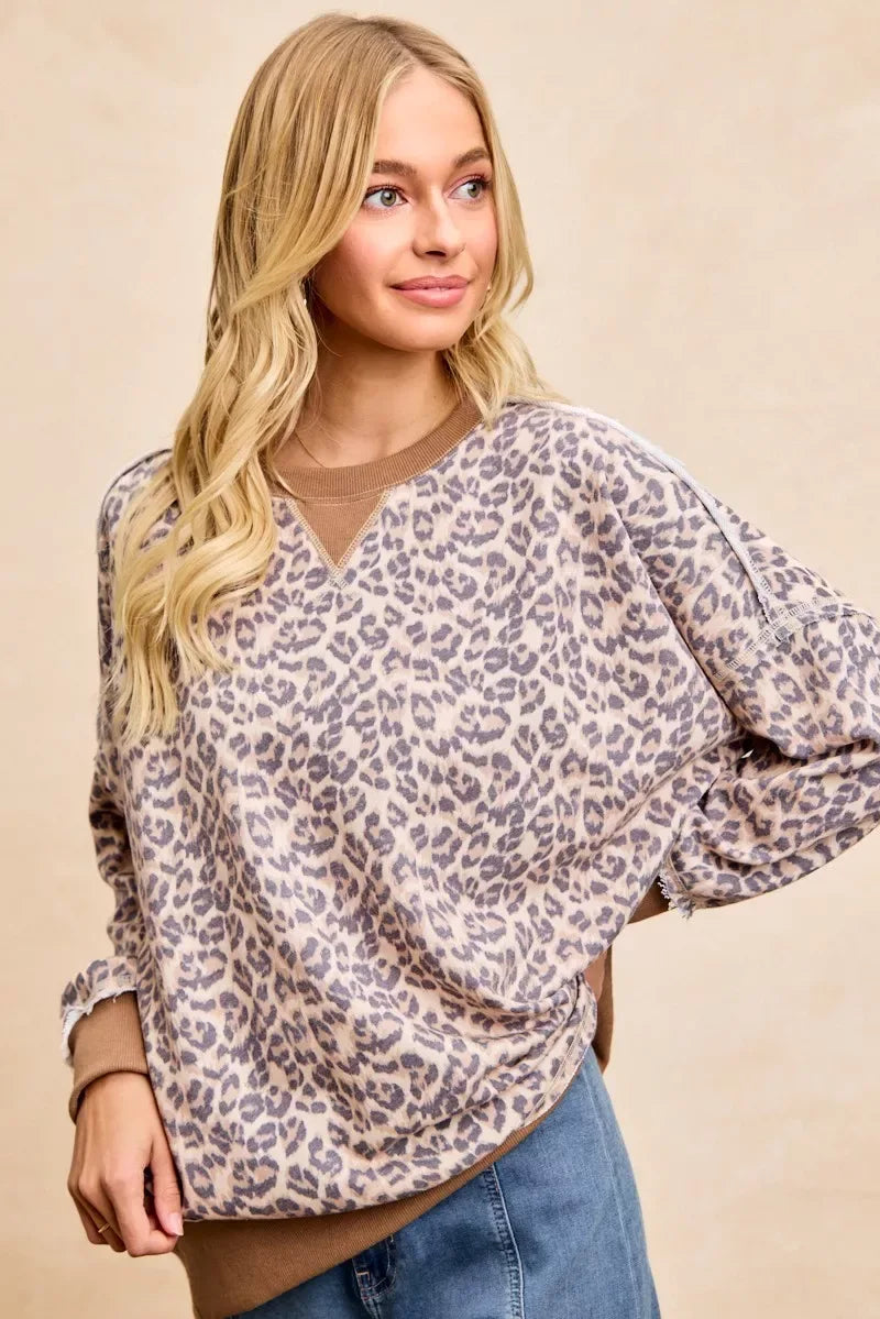 BiBi Leopard Printed French Terry Sweatshirt - Trendsi - Flyclothing LLC