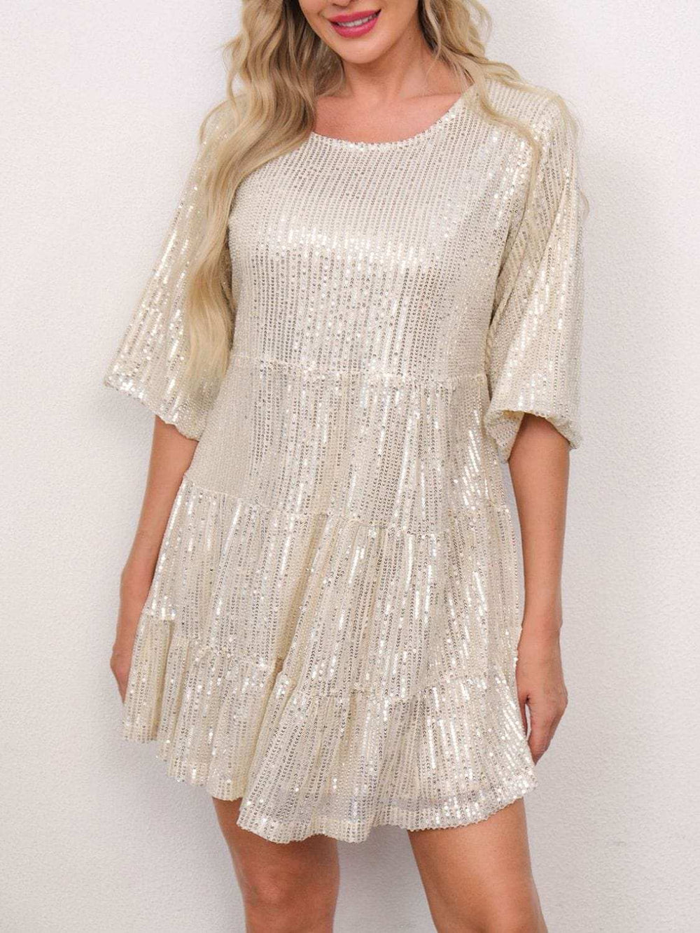 Sequin Round Neck Half Sleeve Mini Dress - Trendsi - Flyclothing LLC