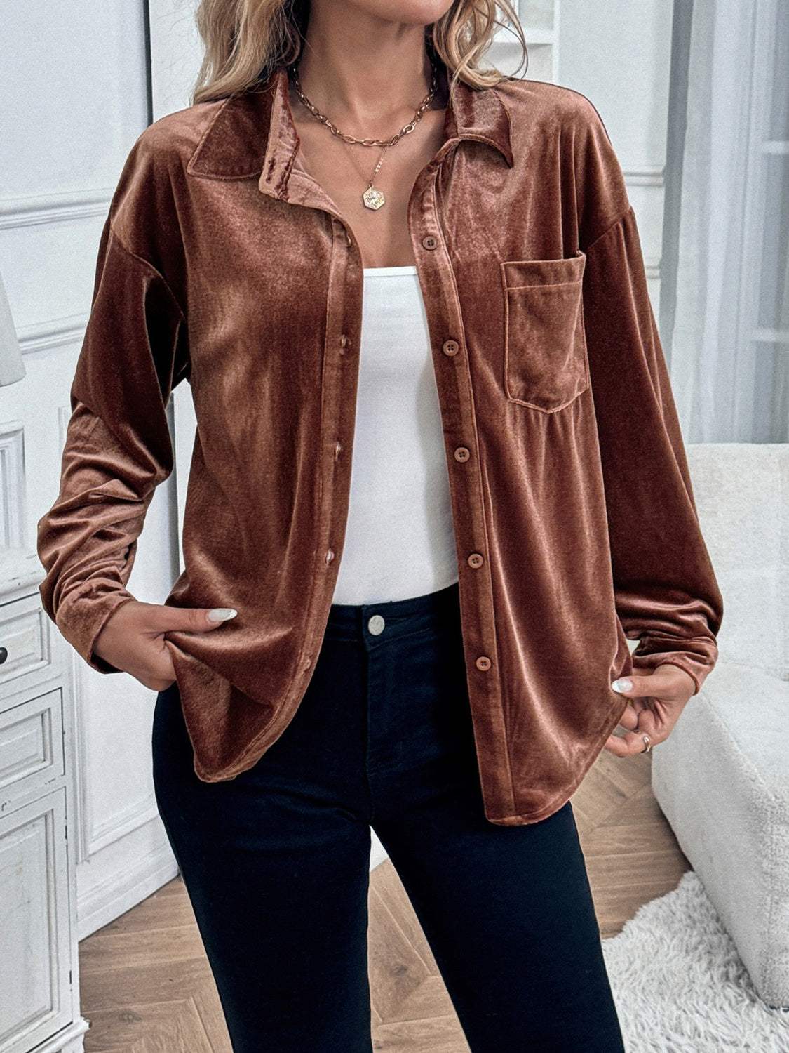 Button Up Long Sleeve Shirt - Trendsi - Flyclothing LLC