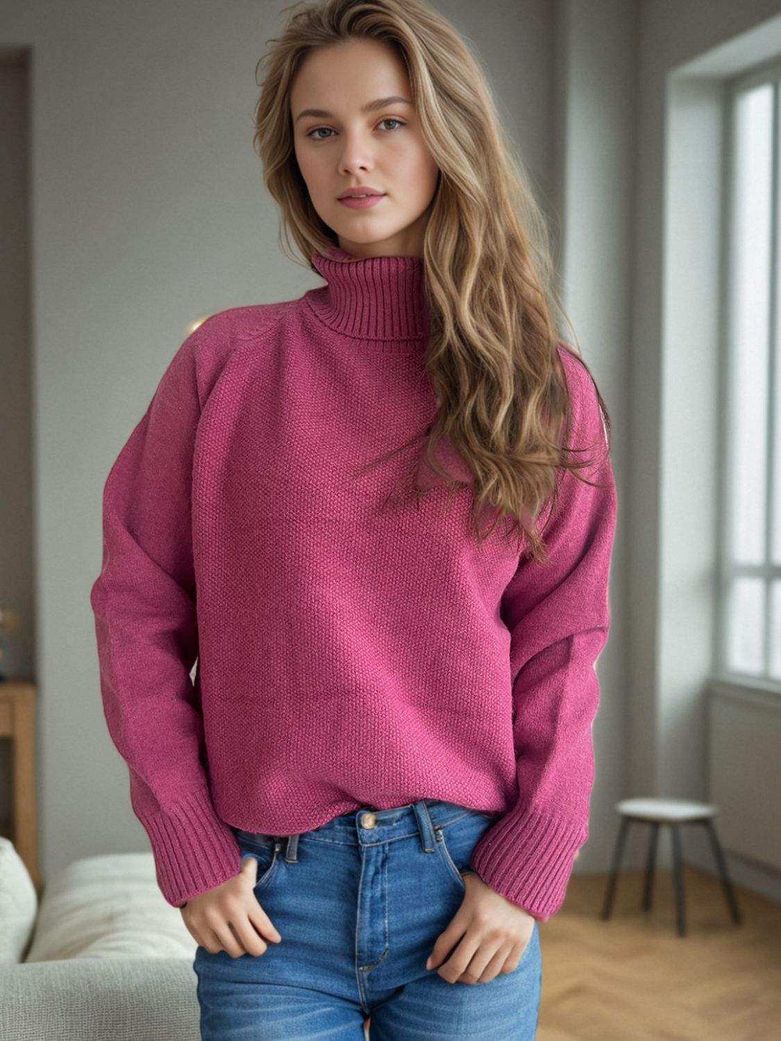 Ribbed Turtleneck Raglan Sleeve Sweater - Trendsi - Flyclothing LLC