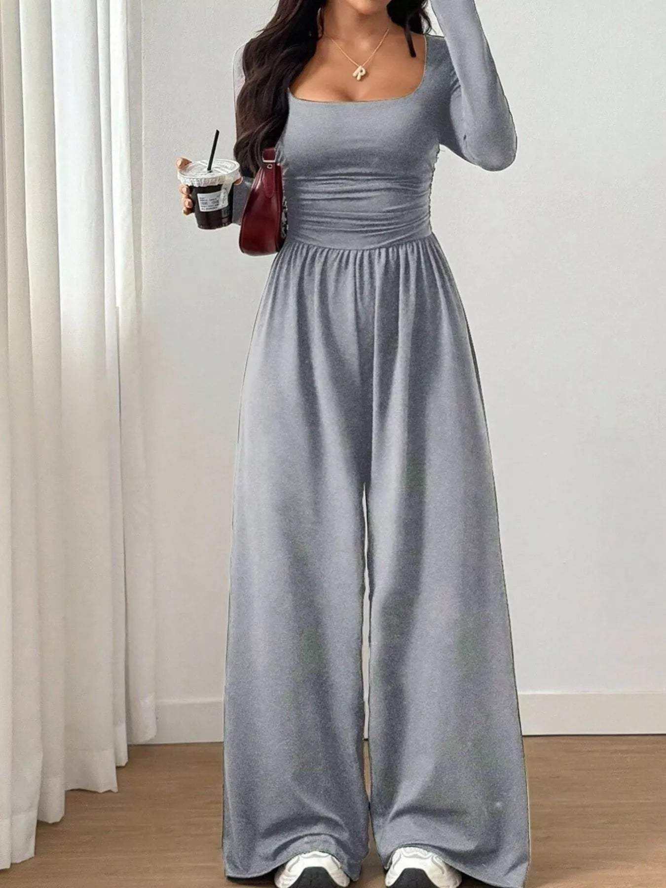 Ruched Square Neck Wide-Leg Jumpsuit - Trendsi - Flyclothing LLC