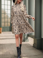 Frill Printed Mock Neck Long Sleeve Mini Dress - Trendsi