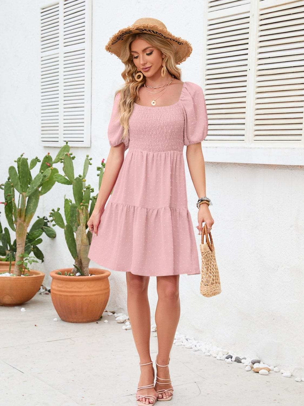 Swiss Dot Smocked Square Neck Dress - Trendsi - Flyclothing LLC