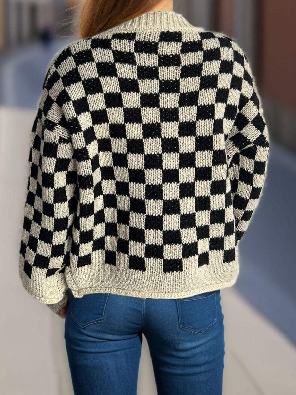 Checkered Button Up Round Neck Cardigan - Trendsi - Flyclothing LLC