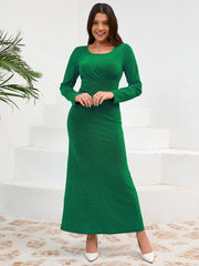 Ruched Round Neck Long Sleeve Dress - Trendsi