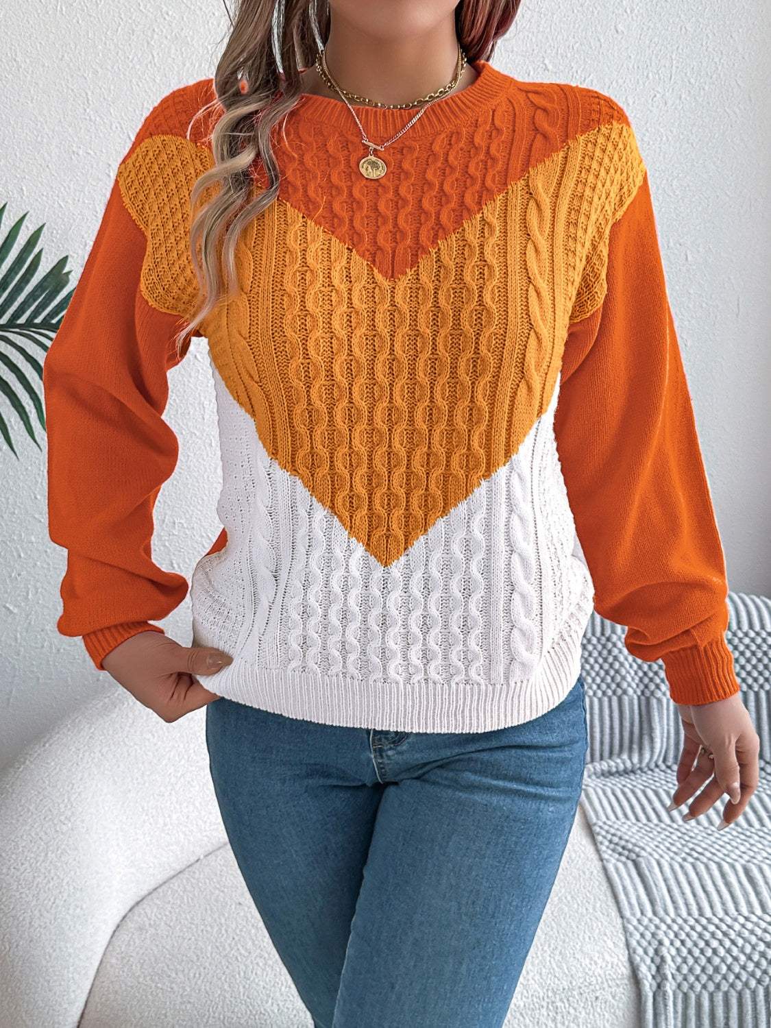 Contrast Round Neck Long Sleeve Sweater - Trendsi - Flyclothing LLC