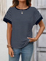 Striped Ribbed Knit Short Sleeve T-Shirt - Trendsi - Flyclothing LLC