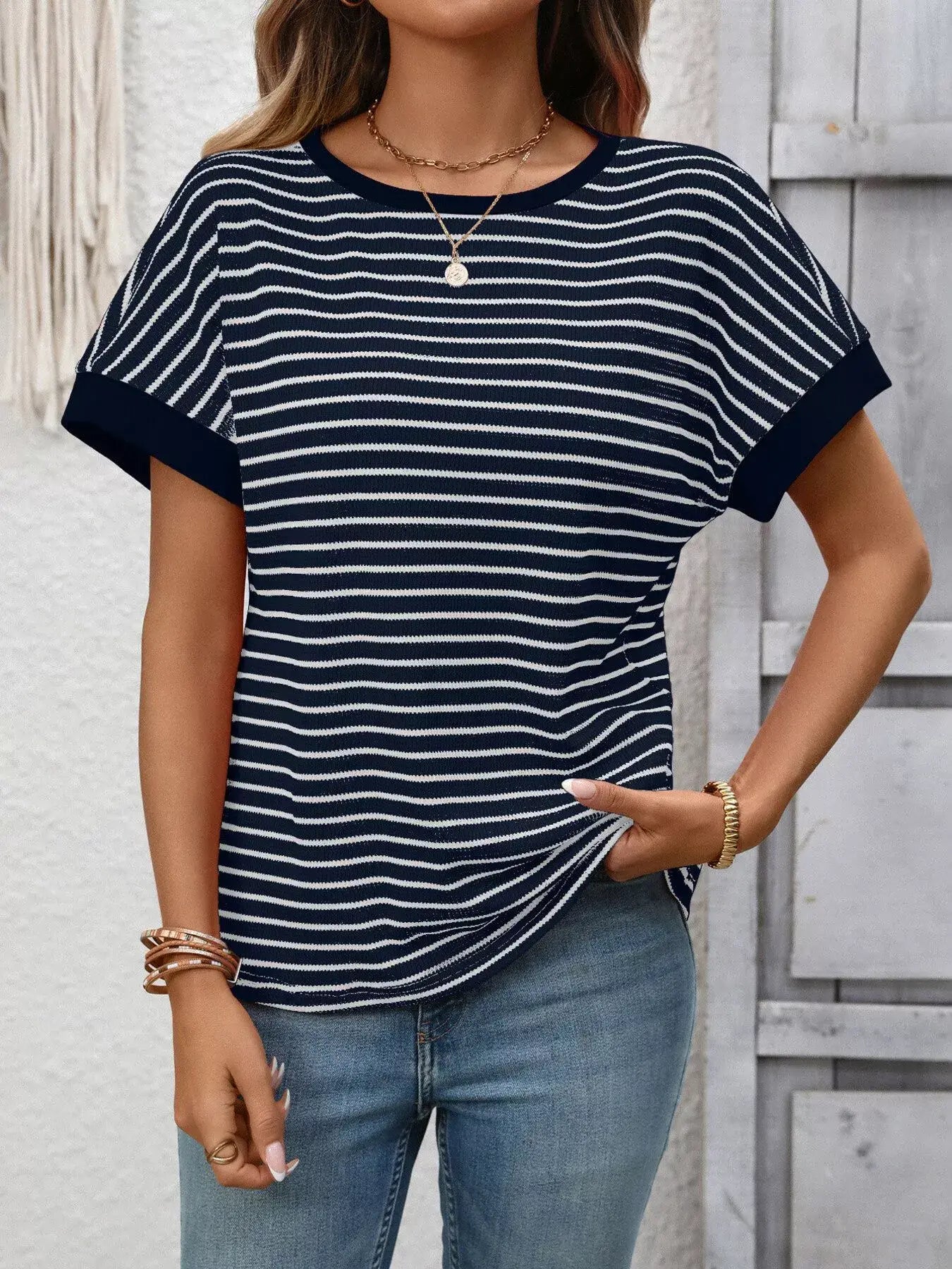Striped Ribbed Knit Short Sleeve T-Shirt - Trendsi - Flyclothing LLC