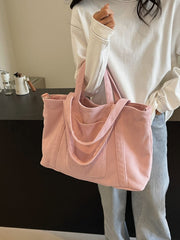 Corduroy Solid Large Tote Bag - Trendsi