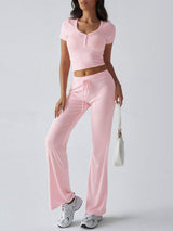 Devine Short Sleeve Top and Drawstring Pants Set - Trendsi - Flyclothing LLC