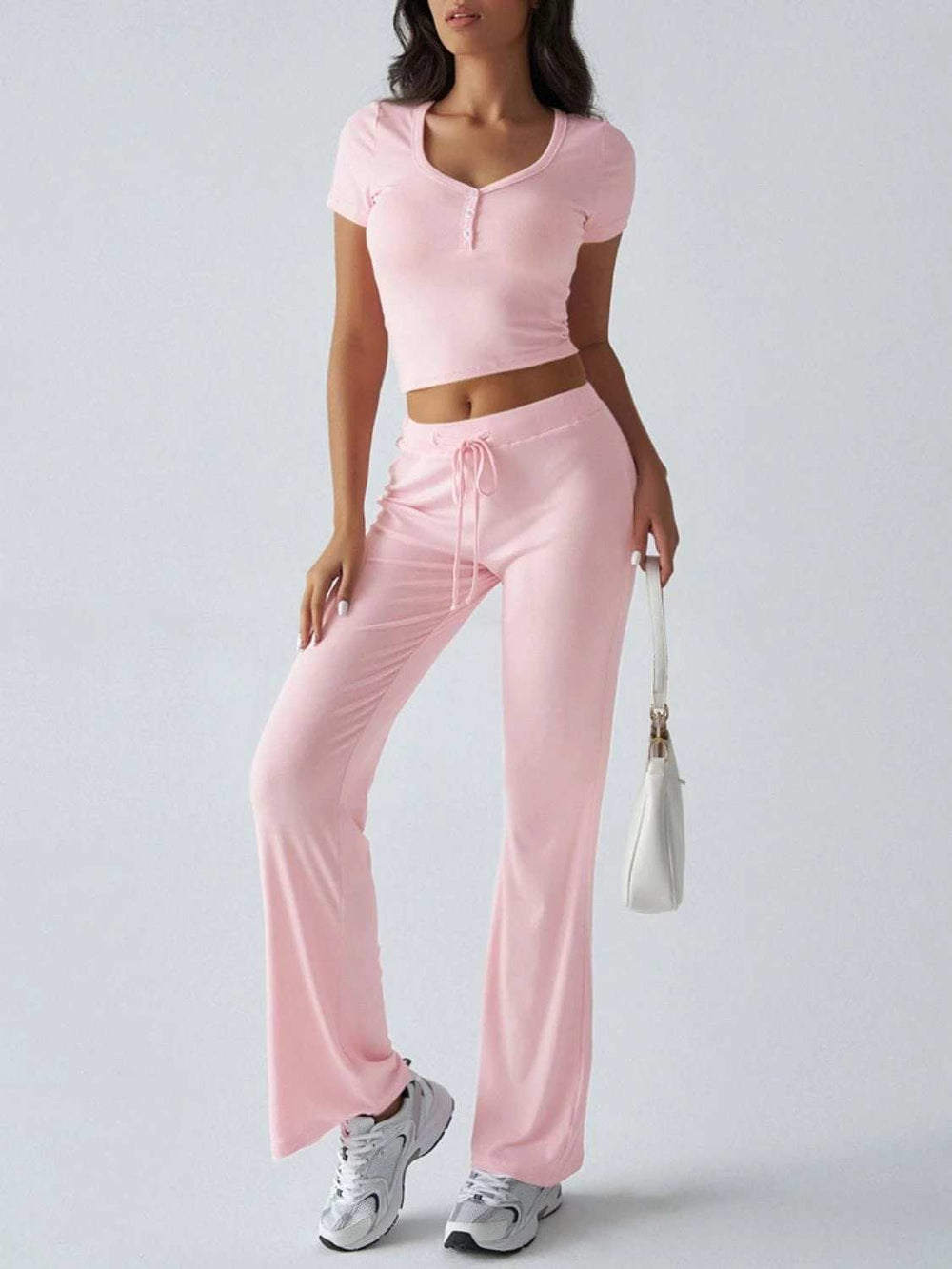 Devine Short Sleeve Top and Drawstring Pants Set - Trendsi - Flyclothing LLC